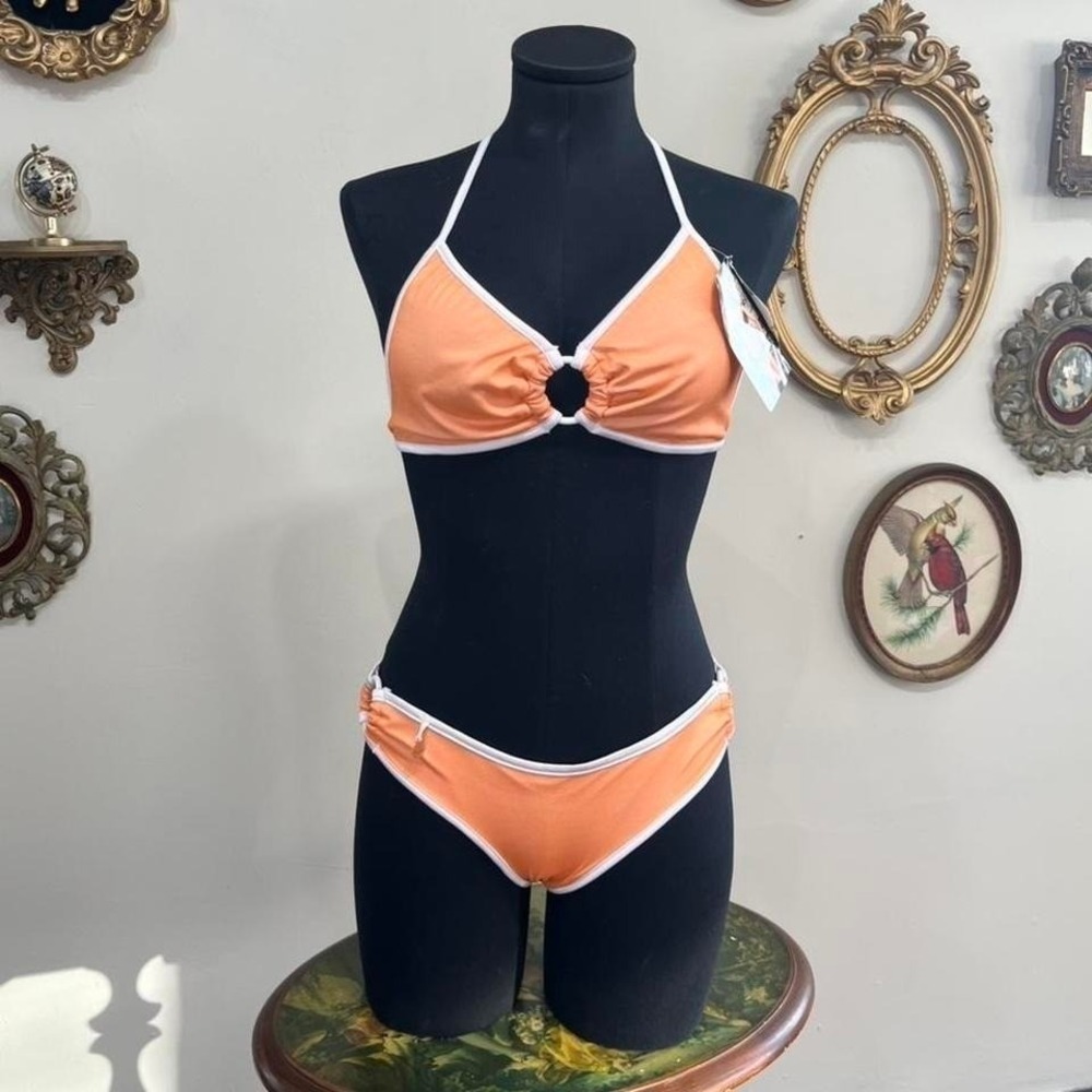Vintage Y2K Coquette Orange & White Ring Bikini Lingerie Set Size L